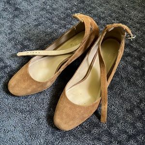 Ankle strap brown suede heels